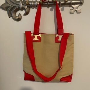 {Tory Burch} tan canvas tote with red trim.  New without tags.